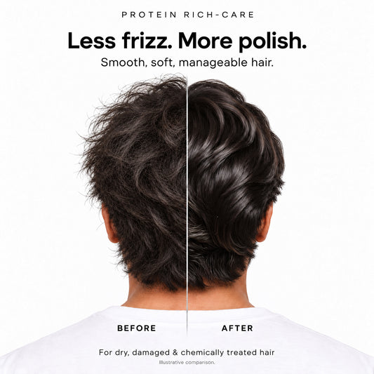 A before-and-after comparison of a man's dark brown hair, viewed from the back. The left side is labeled 'BEFORE' and shows frizzy, textured hair.