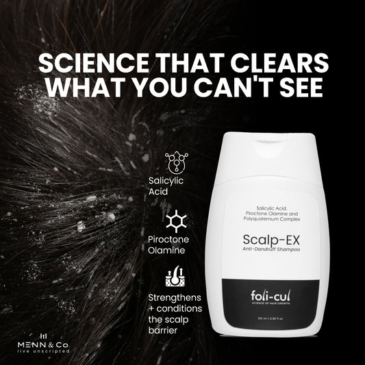Foli-Cul Scalp-EX shampoo bottle with text about its ingredients and benefits on a dark background.