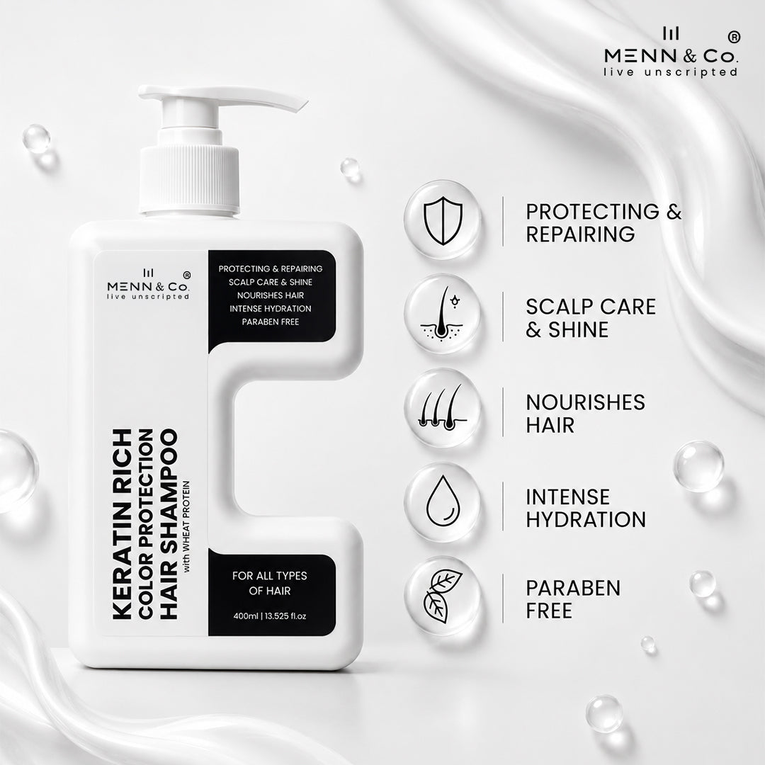 Menn & Co Keratin Rich Hair Protection Hair Shampoo bottle shown on a clean white background with decorative liquid swirls and text callouts about scalp care, hydration, and paraben-free formula.