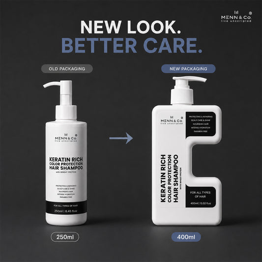Menn & Co Keratin Rich Color Protection Hair Shampoo shown in a before-and-after packaging comparison. The left side shows the old 250ml pump bottle, and the right side shows the new 400ml compact U-shaped bottle with a white body, black label, and pump dispenser, set against a dark gray background with promotional text.