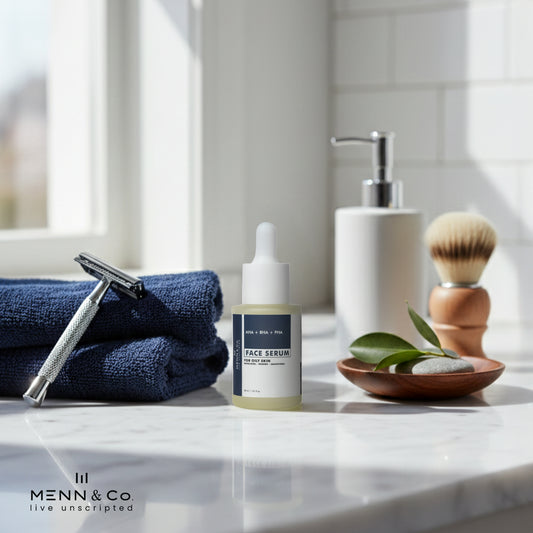 Menn & Co AHA BHA PHA face serum bottle on a bathroom counter with towel, razor, and brush.