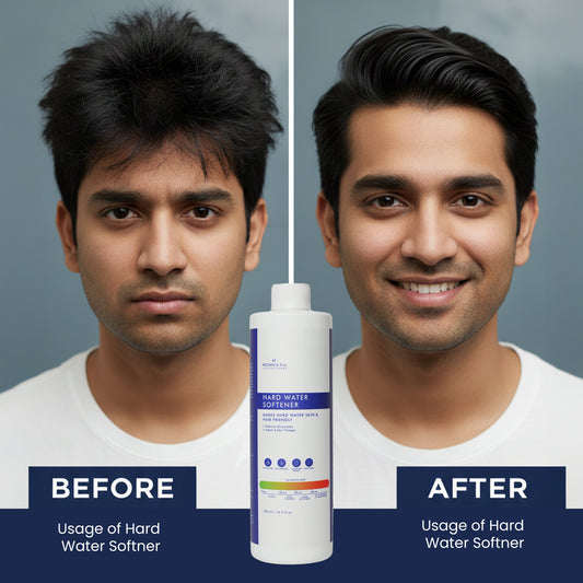 Before and after comparison of a man's hair with a hard water softener product.