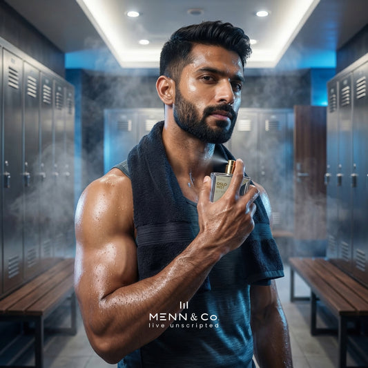 Man holding a bottle of Menn & Co. Oslo Mist perfume in a locker room of a Gym or Swimming Pool.