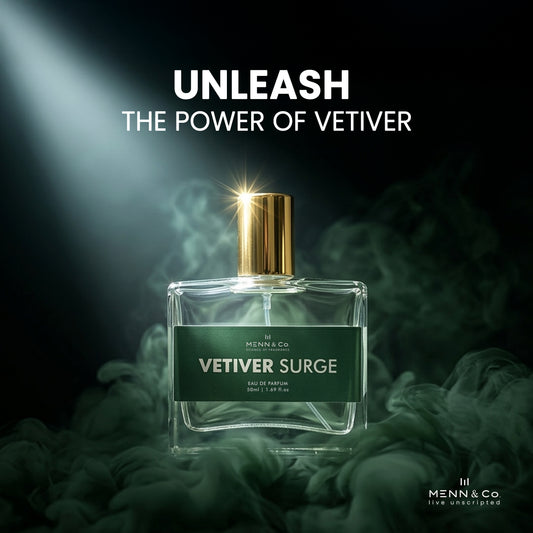 Perfume bottle labeled 'Vetiver Surge' with text 'Unleash the Power of Vetiver' on a dark background.