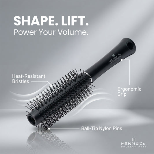 Hairbrush with features highlighted on a gray background, featuring the brand 'Menn & Co'.