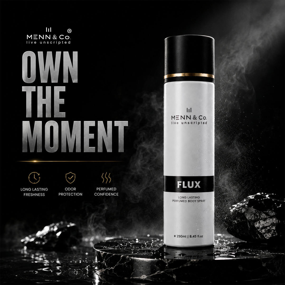 Menn & Co Flux body spray bottle with promotional text on a dark background