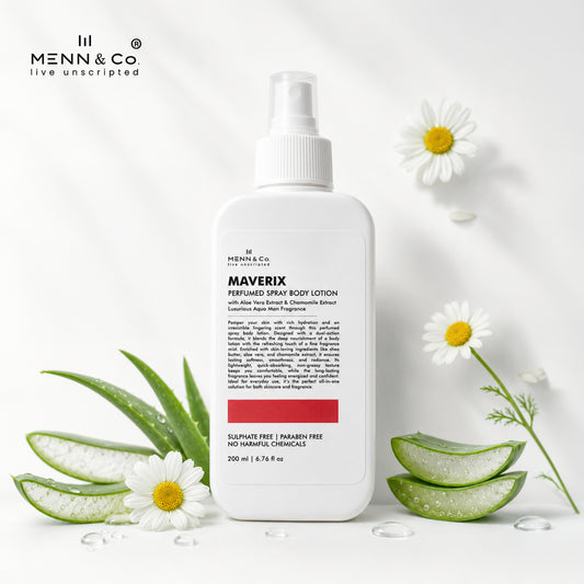 Menn & Co Maverix body lotion bottle with aloe vera leaves and daisies on a white background