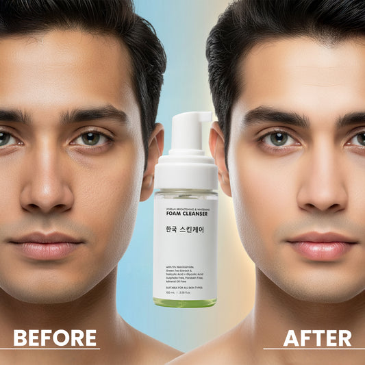 Before and after skincare comparison showing a man's face, with a bottle of foam cleanser centered between the two panels. The left side is labeled BEFORE and shows a slightly drier, less radiant complexion.
