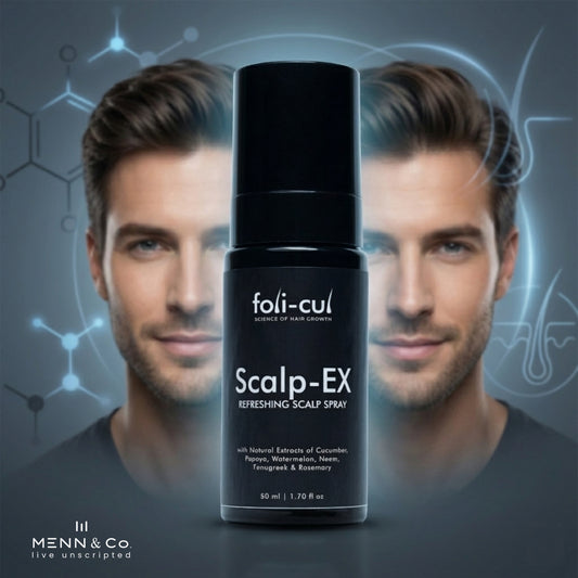 Foli-Cul Scalp-EX refreshing scalp spray bottle with a man's face in the background