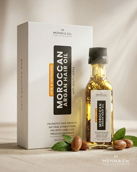Menn & Co Moroccan Argan Hair Oil with packaging on a neutral background
