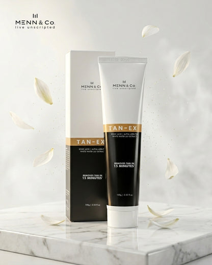 MENN & Co. TAN-EX Tan Removal Cream 100g tube and box on marble surface - removes sun tan in 15 minutes - best tan removal cream for men India