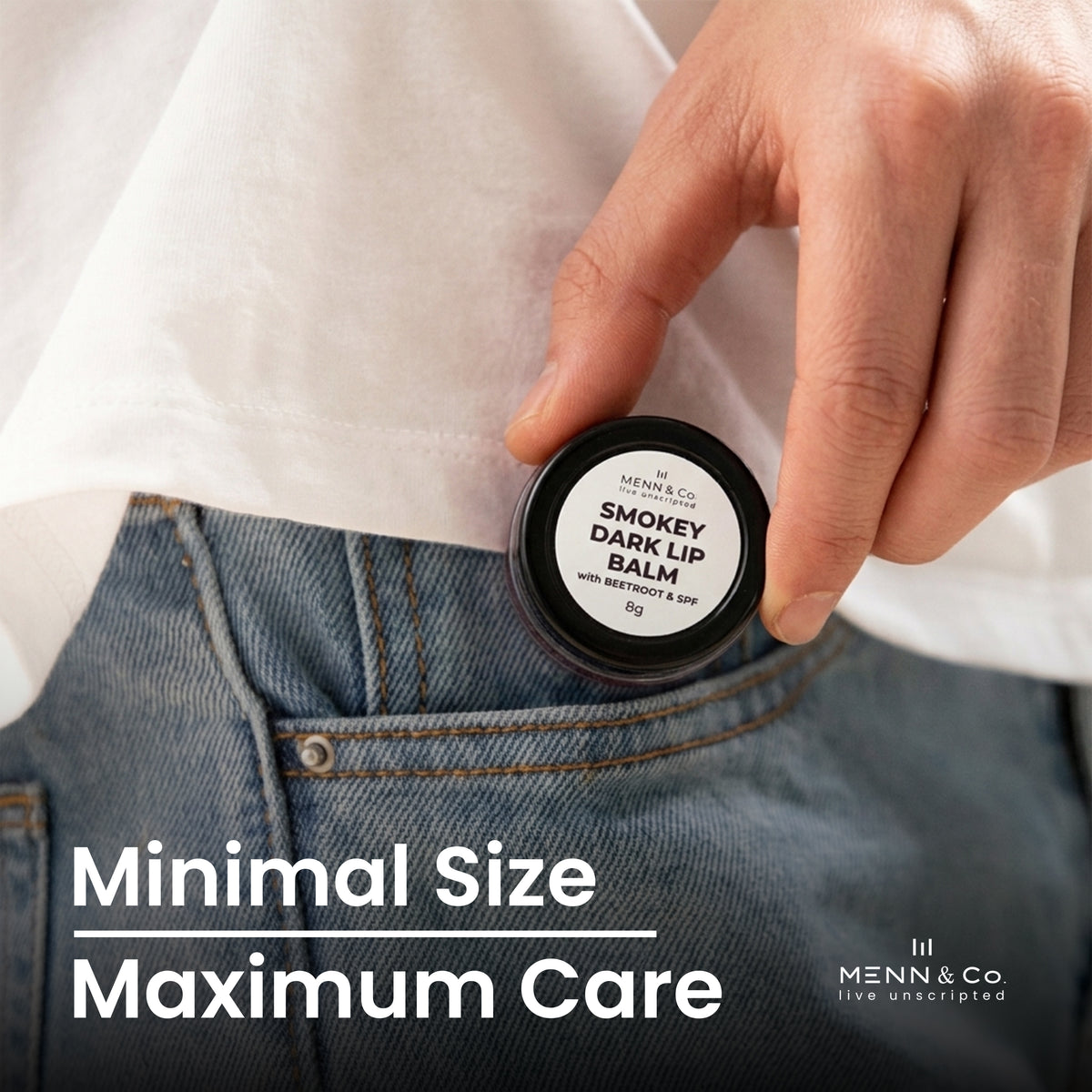Hand holding a lip balm container with text 'Minimal Size Maximum Care' and brand logo.