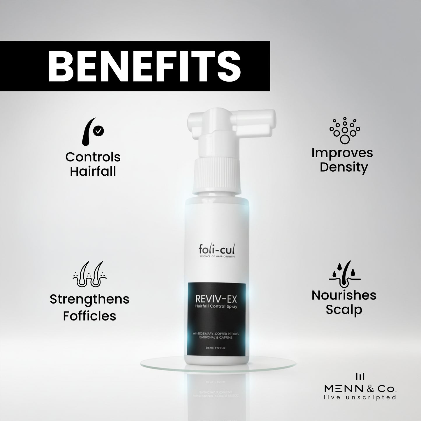 Foli-Cul REVIV-EX Advanced Hairfall Control Spray for Men | Rosemary, Caffeine & Copper Peptides