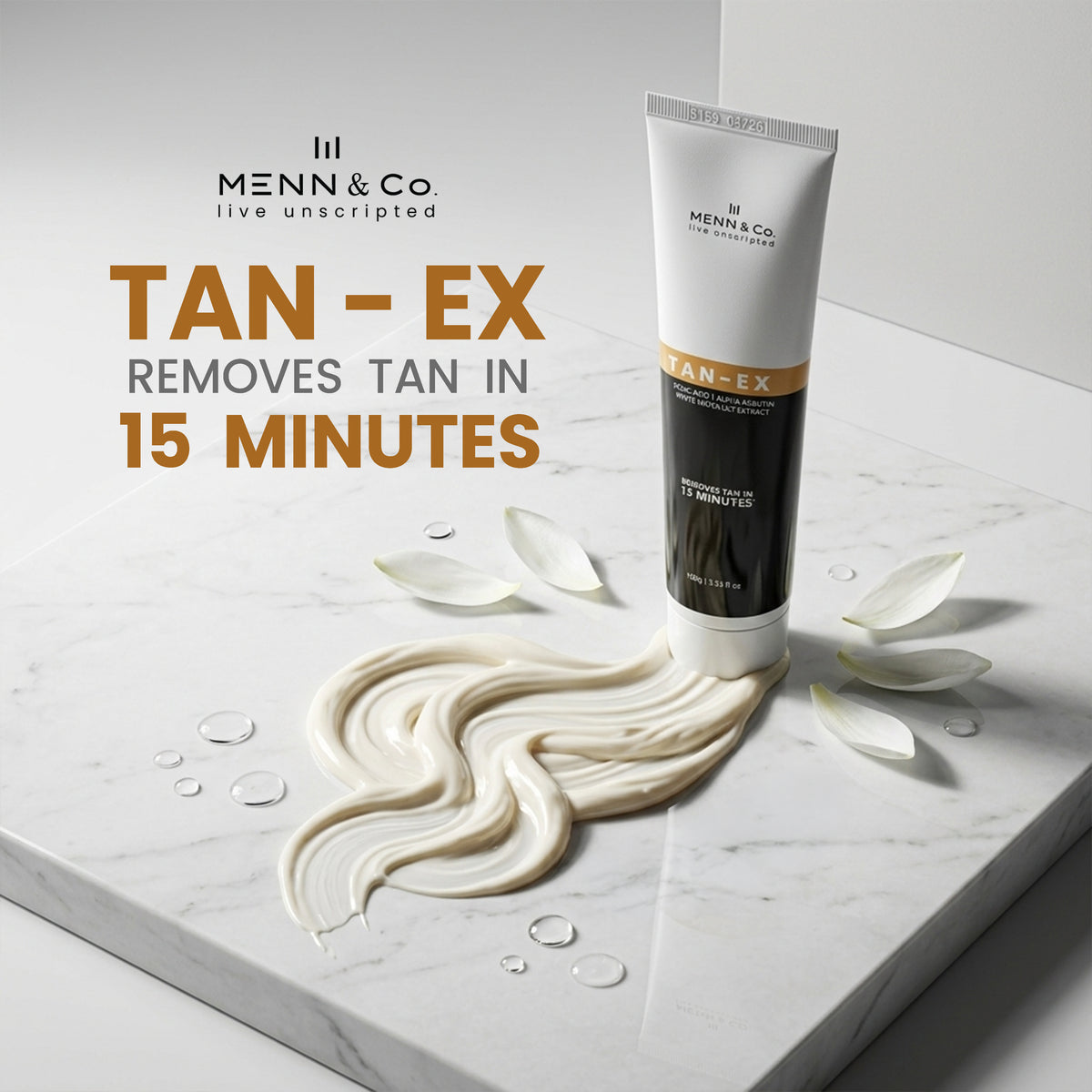 MENN & Co. TAN-EX tan removal cream tube with cream texture on marble - fast acting sun tan removal in 15 minutes - men's face cream India