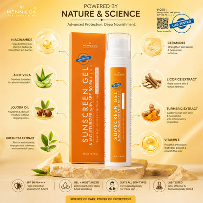 MENN & Co. Sunscreen Gel & Moisturizer with SPF 50 PA++++, an advanced protection formula for men featuring Niacinamide, Ceramides, Aloe Vera, and Vitamin E.