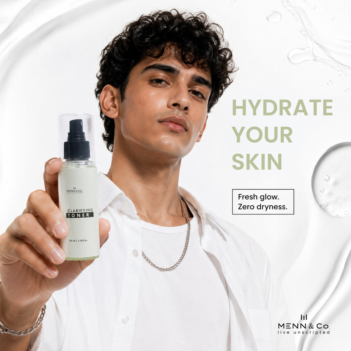 Man holding a skincare product with 'MENN & CO' branding and text about hydrating skin.