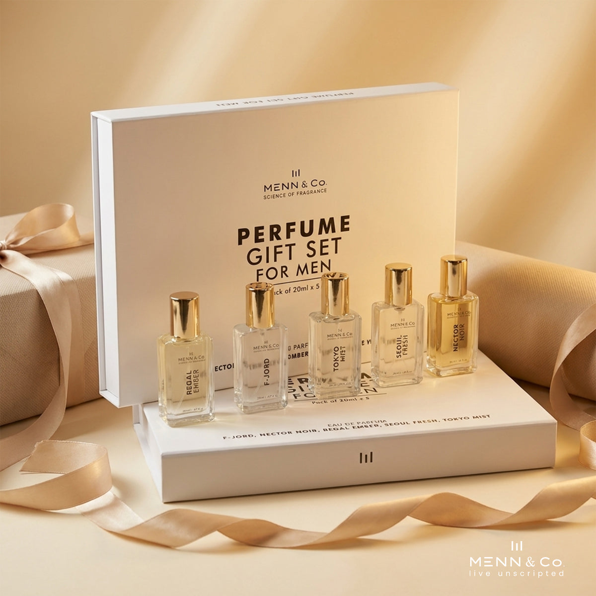 Menn & Co perfume gift set for men with six bottles and a box on a beige background.