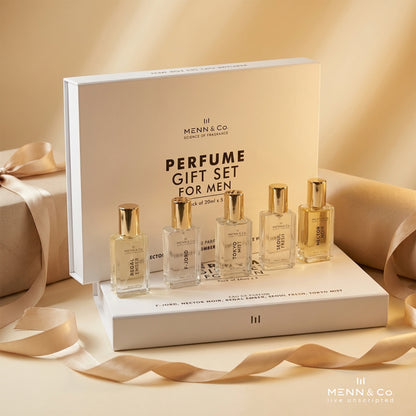 Menn & Co perfume gift set for men with six bottles and a box on a beige background.