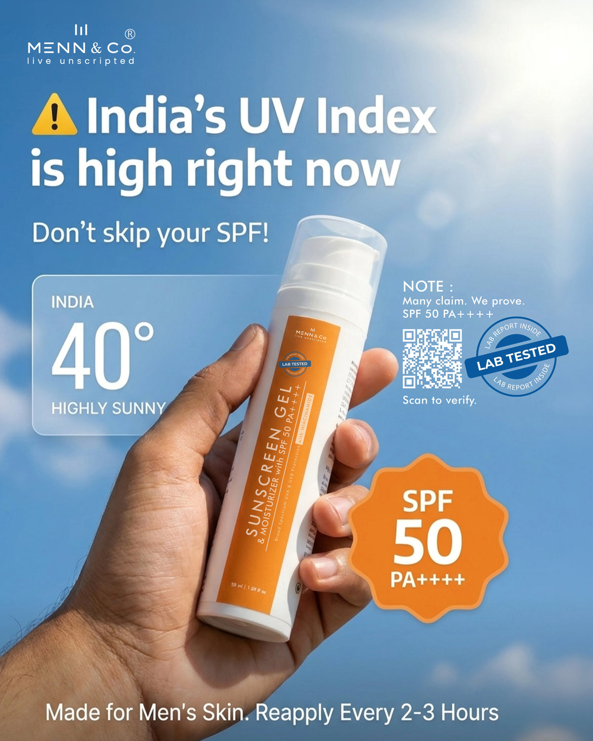 MENN & Co. Sunscreen Gel SPF 50 PA++++ held in hand against a sunny blue sky, featuring a summer alert for India's high UV index and hot 40°C weather.