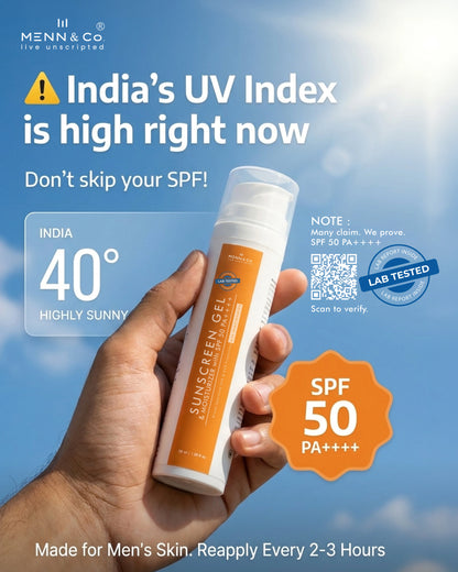 MENN & Co. Sunscreen Gel SPF 50 PA++++ held in hand against a sunny blue sky, featuring a summer alert for India's high UV index and hot 40°C weather.