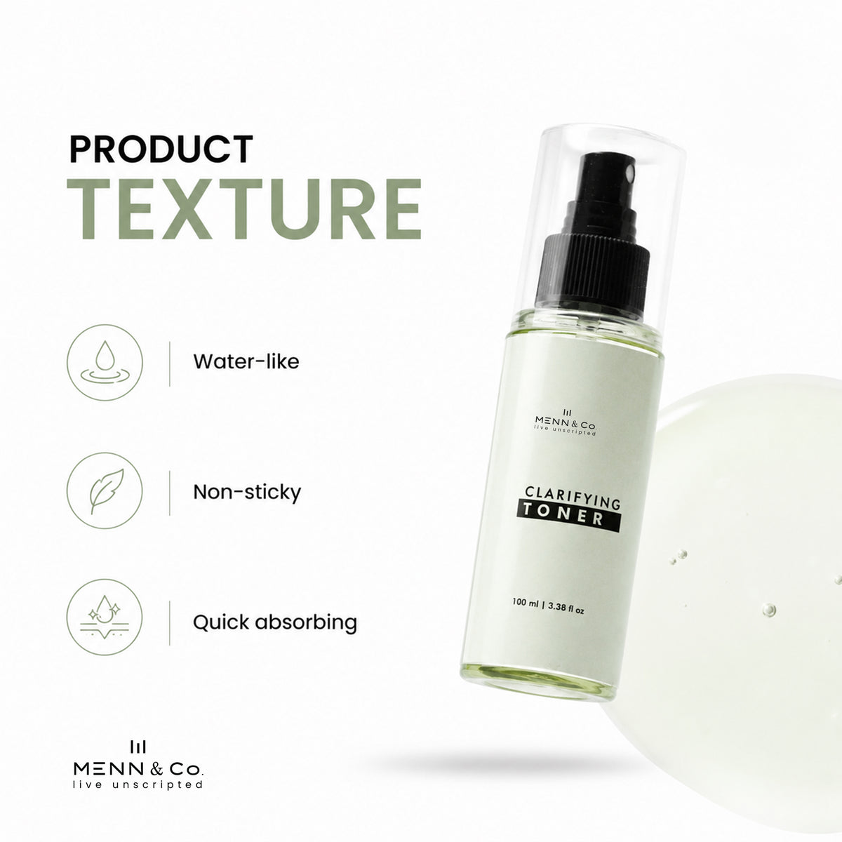 Menn & Co clarifying toner bottle with product texture description on a white background