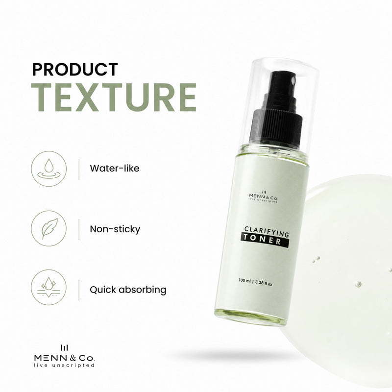 Menn & Co clarifying toner bottle with product texture description on a white background