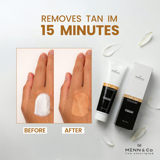 MENN & Co. TAN-EX before and after tan removal cream results - visibly removes sun tan from skin in 15 minutes - best tan removal cream for men India