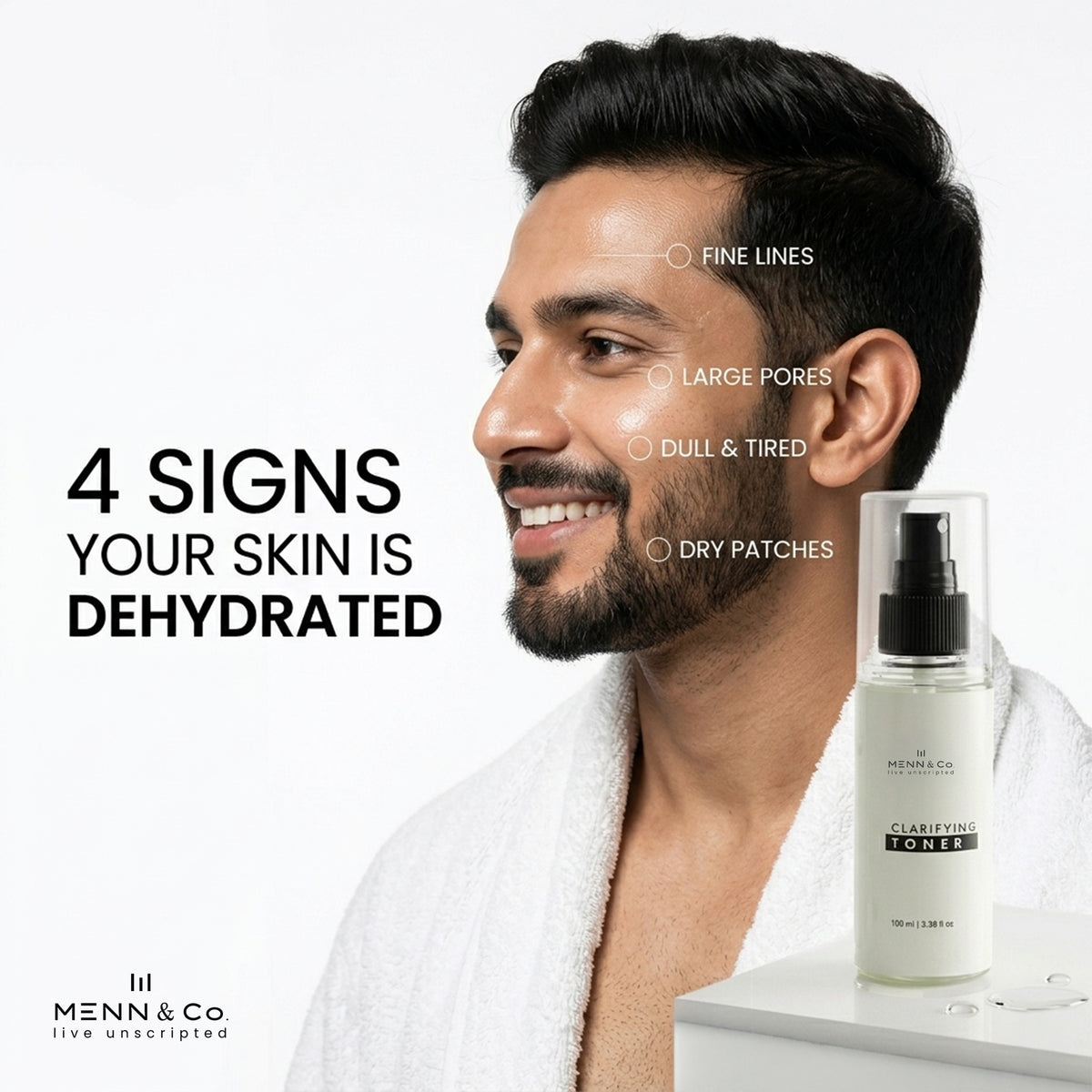 Man with claryfying toner and text about skin dehydration