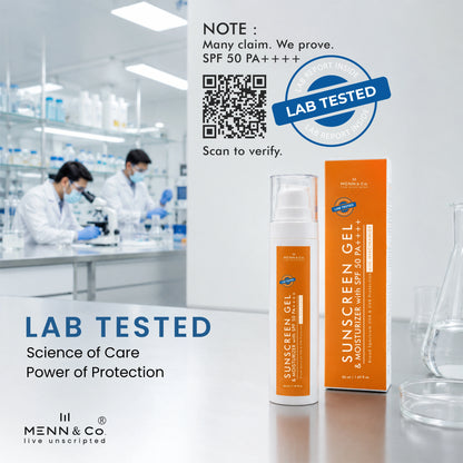 Sunscreen gel with packaging and lab setting, Lab test QR code to prove its legacy featuring 'Menn & Co.' branding.
