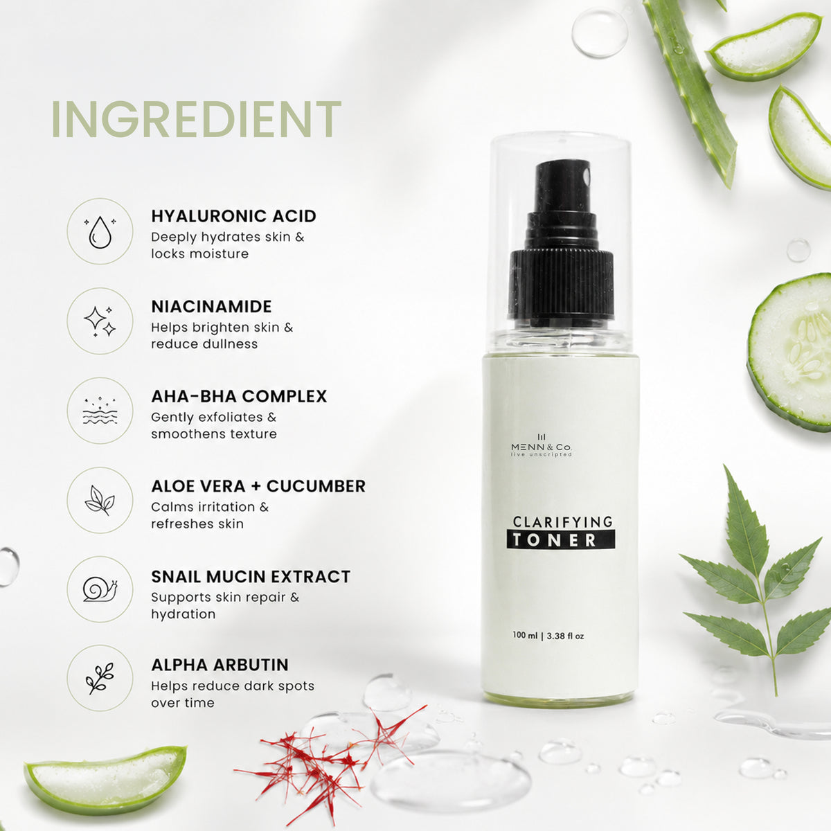 Clarifying toner bottle with skincare ingredient list on a white background