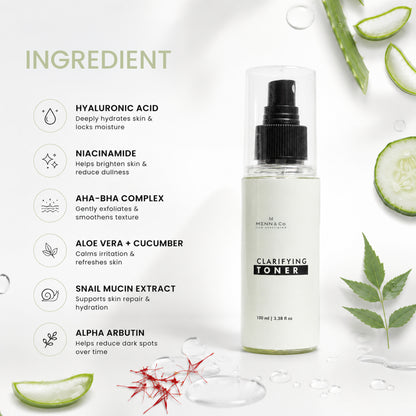 Clarifying toner bottle with skincare ingredient list on a white background