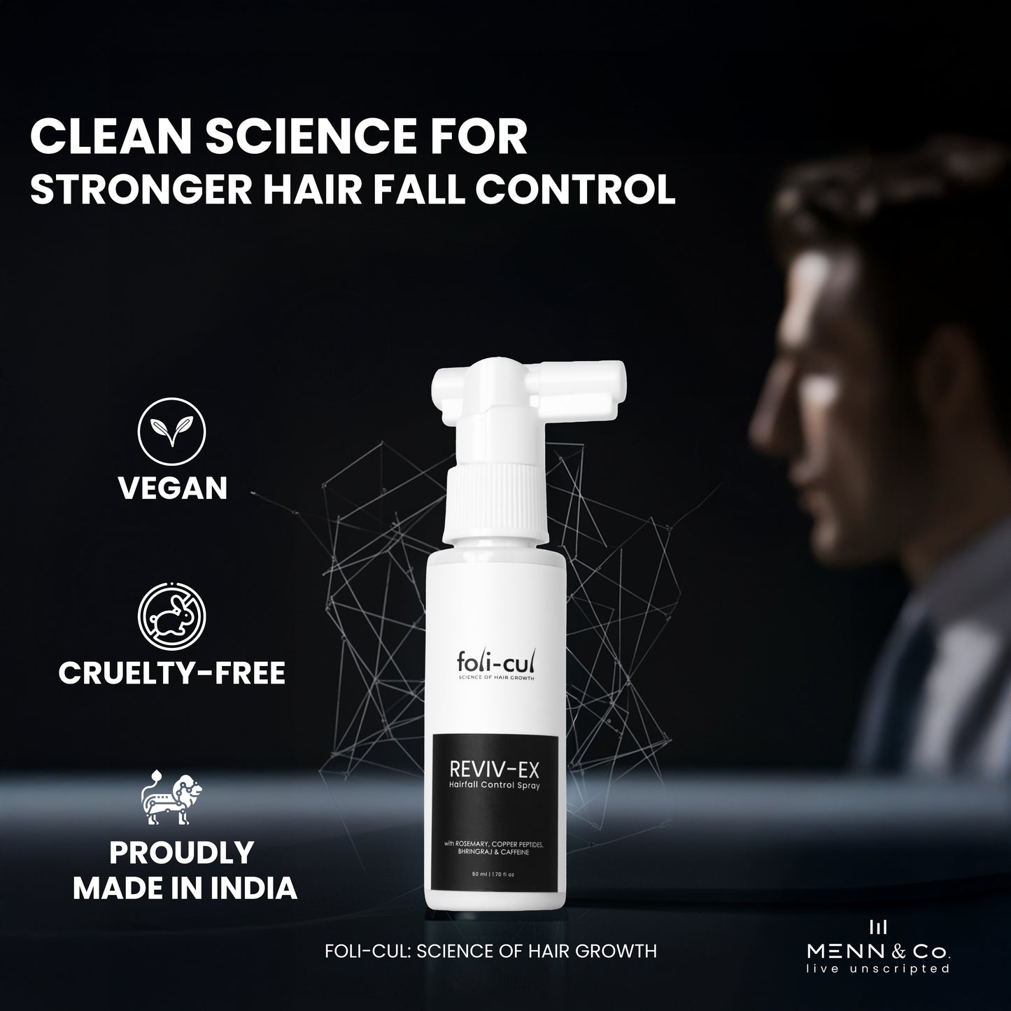 Foli-Cul REVIV-EX Advanced Hairfall Control Spray for Men | Rosemary, Caffeine & Copper Peptides