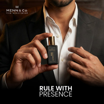 Man holding a Menn & Co perfume bottle with text 'Rule with Presence' and brand logo.