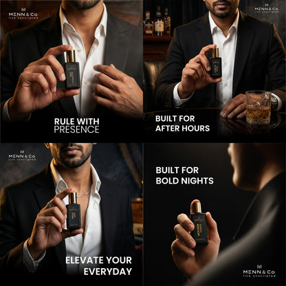 Menn & Co perfume advertisement with a man holding a perfume bottle, text about product features, and a dark background.