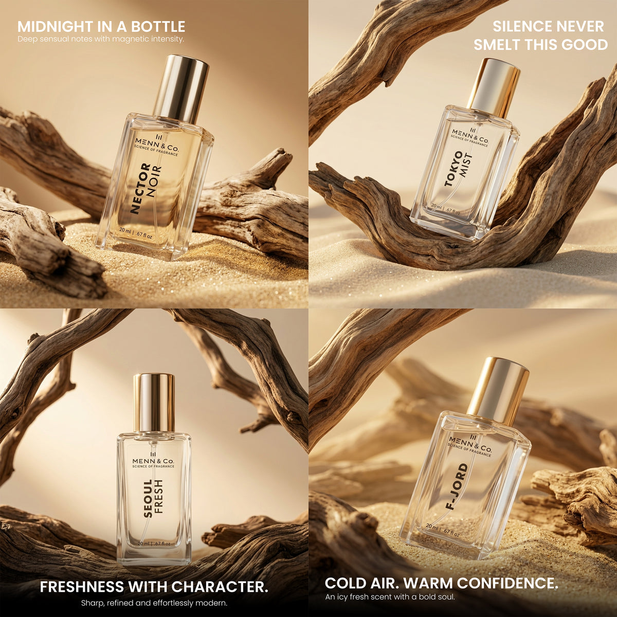 Collage of four Menno & Co. perfume bottles with text descriptions on a natural wood and sand background.