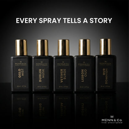 Five black perfume bottles with gold caps on a dark background, featuring the brand 'Menn & Co'.