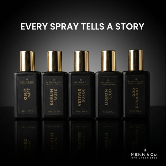 Five black perfume bottles with gold caps on a dark background, featuring the brand 'Menn & Co'.