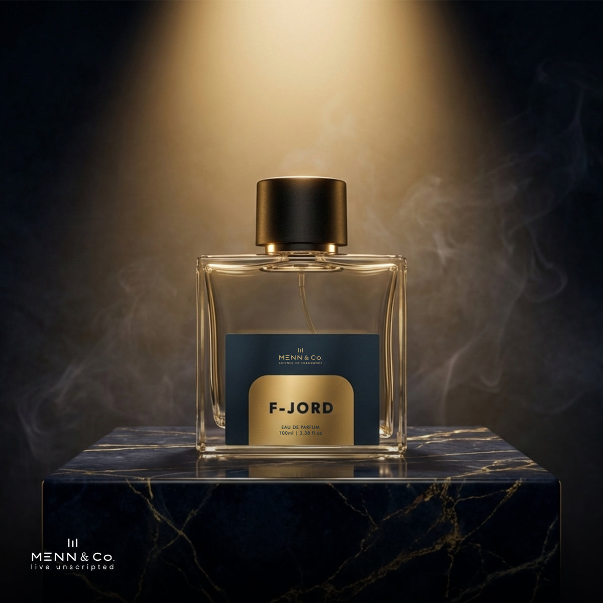 Perfume bottle labeled 'F-Jord' by Menn & Co on a dark marble surface with a warm glow.