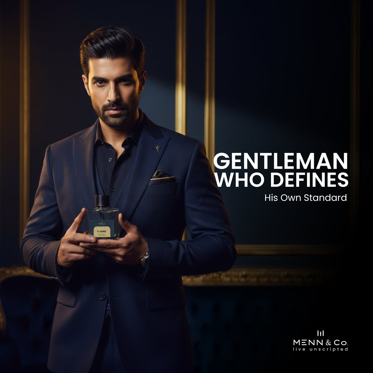 Man in a suit holding a perfume bottle with text 'Gentleman Who Defines His Own Standard' and brand logo.