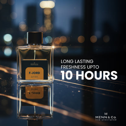 Perfume bottle with 'F-Jord' label against a blurred cityscape background, highlighting 'Long Lasting Freshness Upto 10 Hours' text.