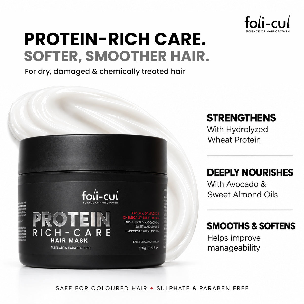 A black jar of foli-cul Protein Rich-Care Hair Mask with a white cream swirl behind it, on a white background with product benefits text.