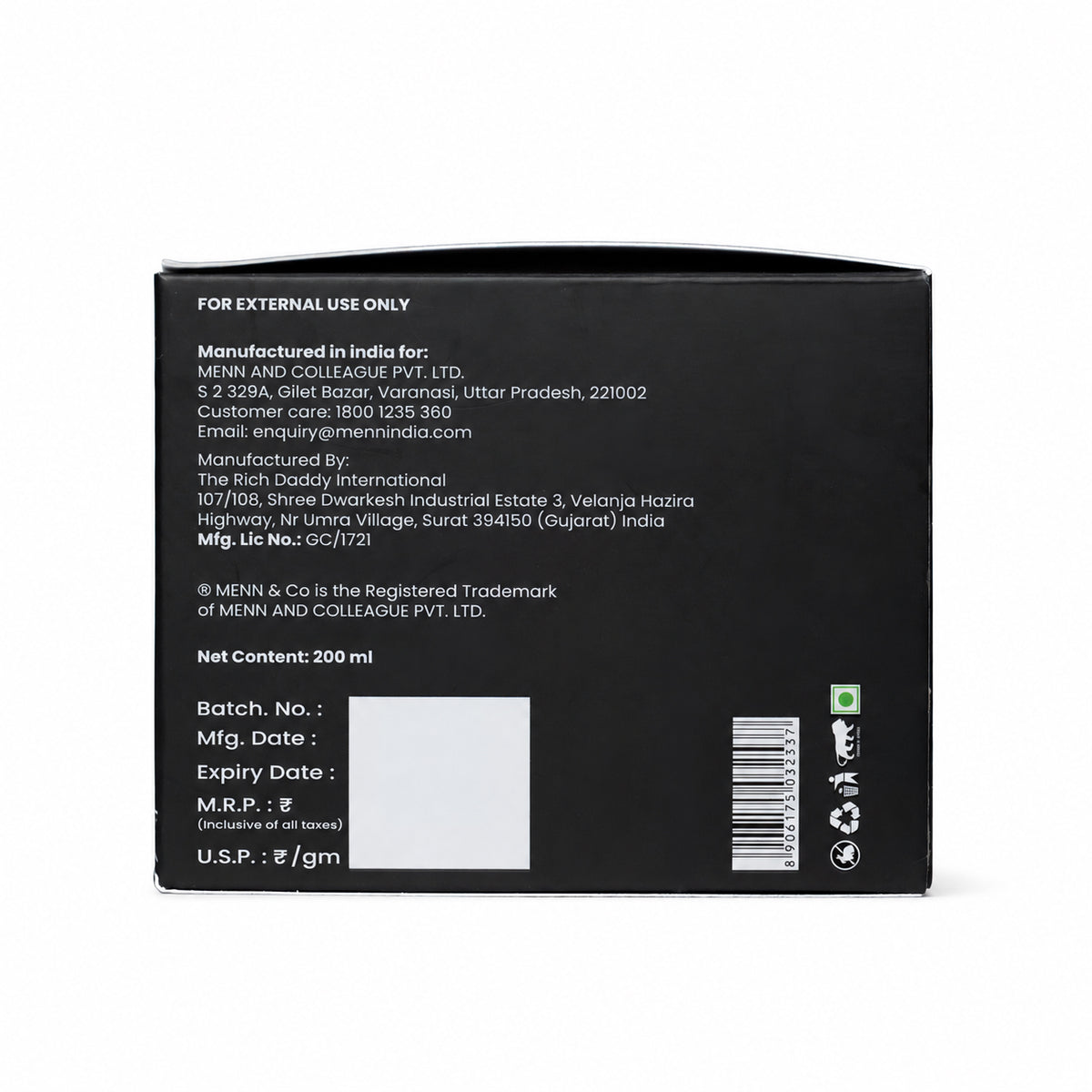 The back of a black product box with white text, a barcode, and a blank white square on a light gray background.