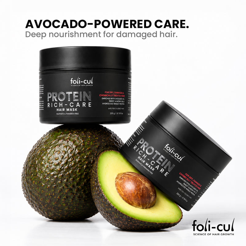 Two black jars of foli-cul Protein Rich-Care Hair Mask are arranged with whole and cut avocados on a white background, with the text 'AVOCADO-POWERED CARE. Deep nourishment for damaged hair.
