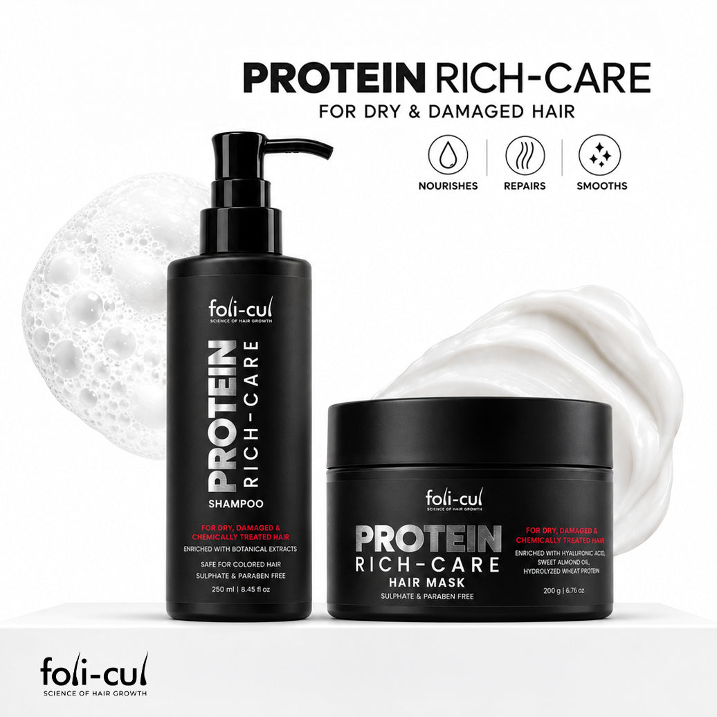Foli-cul Protein Rich-Care shampoo and hair mask set for dry and damaged hair, shown on a clean white background with promotional text and icons.