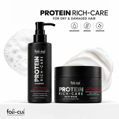Foli-cul Protein Rich-Care shampoo and hair mask set for dry and damaged hair, shown on a clean white background with promotional text and icons.