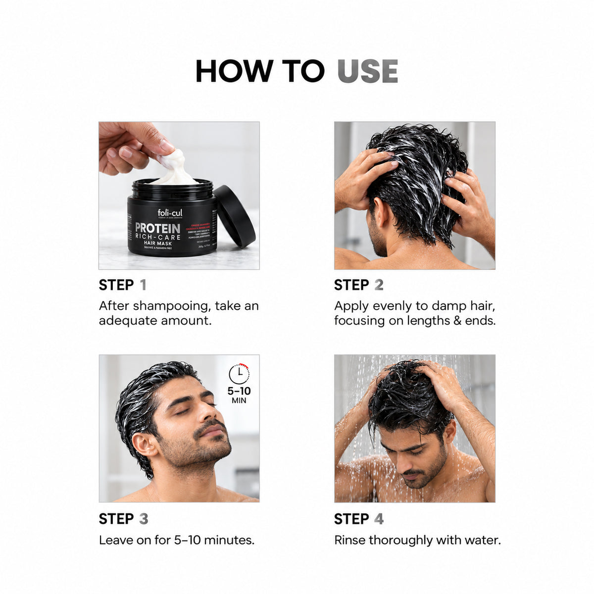 Instructional graphic titled 'HOW TO USE' showing four steps for applying a hair product: Step 1 shows a hand opening a black jar labeled 'PROTEIN FOCUS SHAMPOO'; Step 2 shows a man applying the product to damp hair; Step 3 shows the product applied and leave-on time noted as 8-10 mins; Step 4 shows rinsing with water.