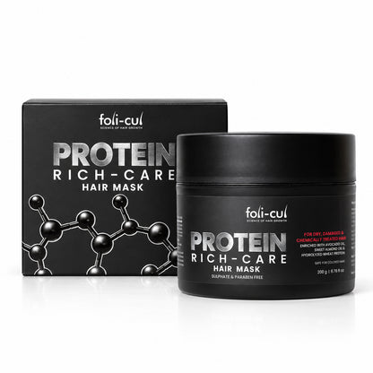 A black jar of foli-cul Protein Rich-Care Hair Mask stands in front of its matching black packaging box on a clean white background.