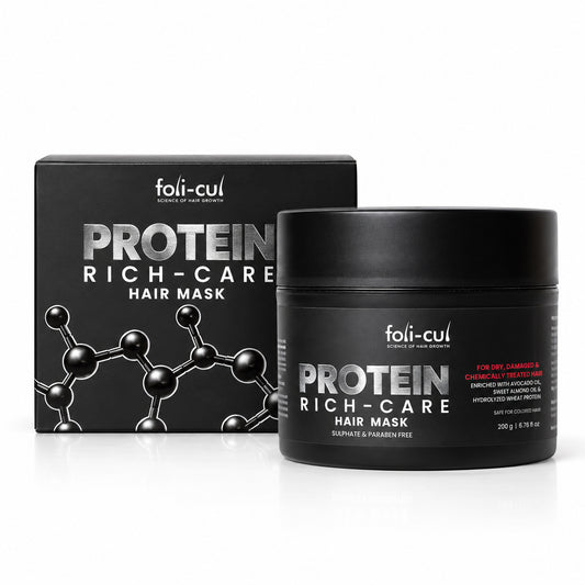 A black jar of foli-cul Protein Rich-Care Hair Mask stands in front of its matching black packaging box on a clean white background.