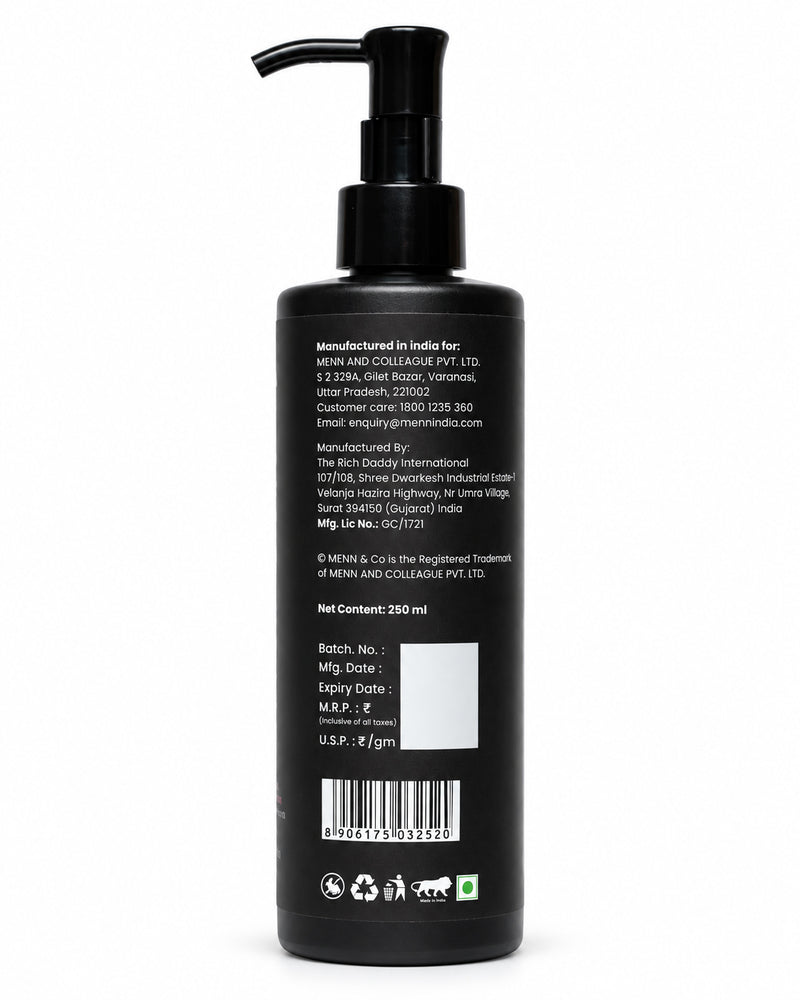 A black pump bottle of hair care product shown from the back on a white background, displaying the text details, barcode, and a blank white square on the label.