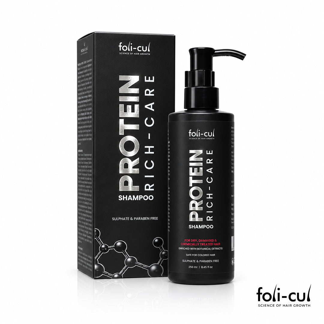 A bottle and box of foli-cul Protein Rich-Care Shampoo on a clean white background.